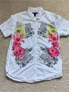 Men's White Short-Sleeve Button-Up Shirt with peacock design